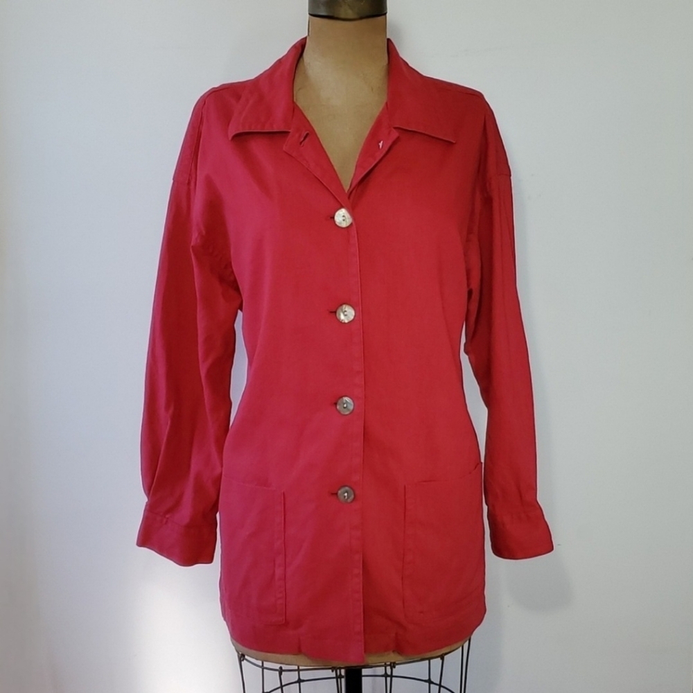 Chaus Size 14 Jacket Shacket Red Mother Pearl Linen Cotton Long Sleeve Pockets